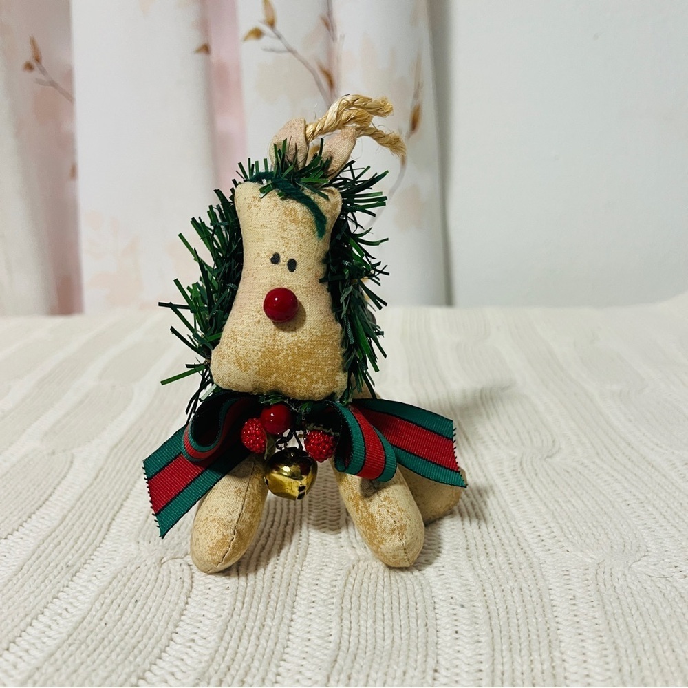 Vintage Handmade Christmas Festive Reindeer Holiday Ornament Bell Bow Unique